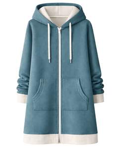 Sweat à capuche long zippé bleu sarcelle pour femme, manteau d'hiver en polaire décontracté et oversize avec poches, personnalisable OEM - Product Image 1