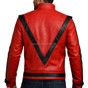 Red Thriller <b>Leather</b> <b>Jacket</b> | Iconic Black V-Stripe Pop Icon Biker Coat High-Volume Pop Icon Outerwear - Product Image 3