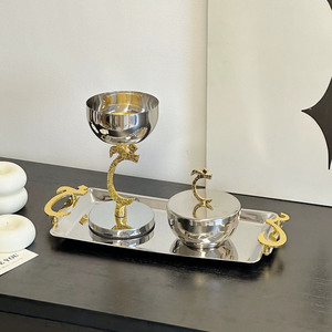 Elegant <b>Silver</b> Incense <b>Burner</b> And Covered Bowl Set With Gold Arabic Calligraphy Accents On Rectangular Tray For Modern Decor - Product Image 3
