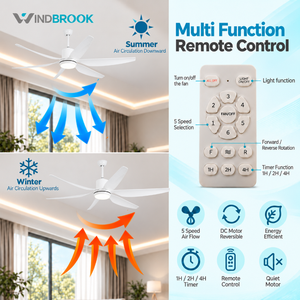 Ventilador de Techo Blanco WINDBROOK de 54 Pulgadas con Luz, Motor DC, Control Remoto, 6 Velocidades, Reversible, Silencioso para Dormitorio - Product Image 3