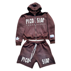 2 Pcs Sweatsuit Track Autumn Distressing Embroidery Zip Hoodie Shorts <b>Sets</b> Men's Printed <b>Knitted</b> Hooded Sweatshirt <b>Set</b> Casual - Product Image 6