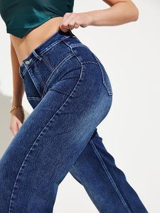 Jeans en denim extensible pour femmes, coupe large, taille haute, longueur normale, effet sculptant - Product Image 2