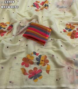 Nouveau Saree en Lin Doux à Motifs Floraux avec Broderie Zari, Appliques en Feuille Métallisée et Pompons sur le Pallu pour Soirée - Product Image 2