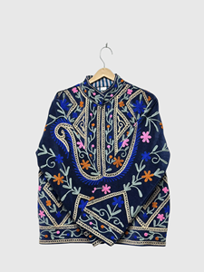 Veste en velours brodée de fleurs, col mandarin, manches longues, style Prairie Chic, vêtements d'hiver pour femmes grandes tailles - Product Image 1