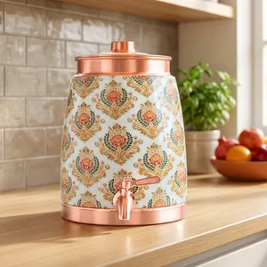 Pure Copper Water <b>Dispenser</b> <b>with</b> Floral Meena Design and <b>Tap</b> Decorative Copper Water Storage Matka <b>with</b> Lid for Home Office - Product Image 3