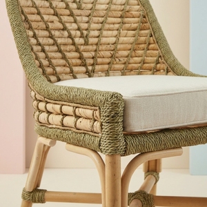 Chaise de salle à manger en osier à dossier incurvé style bohème avec coussin en tissu, fauteuil d'appoint en rotin fait main, mobilier de cuisine et de salle à manger haut de gamme - Product Image 6