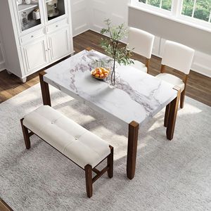 Set da Pranzo Moderno 4 Pezzi: Tavolo Effetto Marmo 117 cm e 2 Sedie Imbottite, Salvaspazio per 4 Persone, Ideale per Cucina - Product Image 2