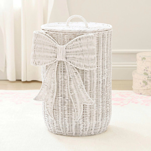 Elegant White Woven Rattan <b>Laundry</b> <b>Basket</b> with Lid Large <b>Wicker</b> Clothes Hamper with Bowknot for Girls Bedroom - Product Image 1