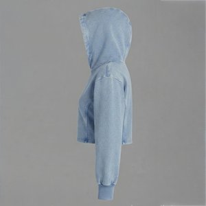 Trendiness Custom Logo Women's Light Blue Hooded Sweatshirt Full Sleeve Knitted Solid Color Short Length Breathable Autumn - Product Image 4