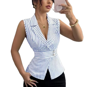 Women's Casual Business Style <b>Top</b> with V-neck Neckline Cinched Waist Spring Formal Woven Shirt Button Decoration Short Length - Product Image 1