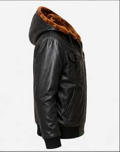 <b>Men's</b> <b>Leather</b> Bomber <b>Jacket</b> With <b>Faux</b> Fur Collar Zipper Closure - Product Image 3