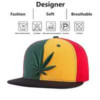 Gorra Snapback Rasta Color Block con Hoja de Cannabis Bordada, Unisex, Estilo Hip Hop, Casual, Primavera Verano, 56-58CM