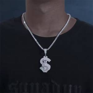 Collar Hip Hop para Hombre con Colgante de Signo de Dólar en Plata 925 y Moissanita, con Piedras Redondas de Corte Brillante, para Uso Diario - Product Image 1