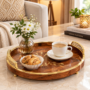 Modern Gold Rim Wooden Serving Tray Floral Pattern Multi-Functional Handle <b>Feet</b> for Living Room Wedding Diwali Fruit Display - Product Image 1