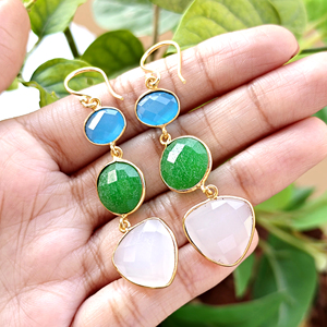 Elegant chalcedony & jade checker cut gemstone <b>earrings</b> handmade gold plated bezel setting drop dangle <b>hook</b> connector jewelry - Product Image 3