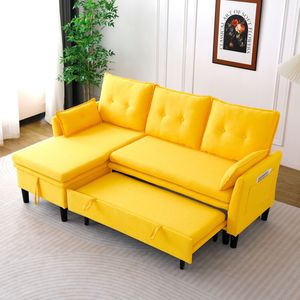 Sofá Seccional en Forma de L Reversible con Espacio de Almacenamiento, Tapizado en Lino de Algodón Amarillo, para Oficina y Apartamento - Product Image 2
