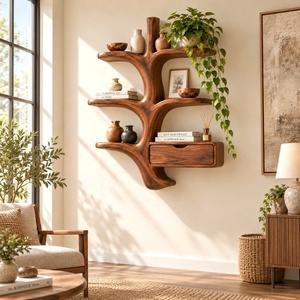 Luxali wooden Contemporary Unique Handmade Wooden <b>Wall</b> Shelf with Multi <b>Shelves</b> and Drawers Bookcase <b>for</b> Home Office Study Room - Product Image 1