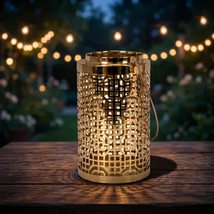 <b>Brass</b> Cylinder <b>Lantern</b> With Geometric Cutout Pattern Home Decoration Durable Outdoor Indoor Use - Product Image 3