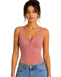 Top corto sin mangas de algodón acanalado rosa para mujer, con botones frontales, ajuste ceñido, estilo casual de verano, suave y elástico, top básico de moda. - Product Image 1