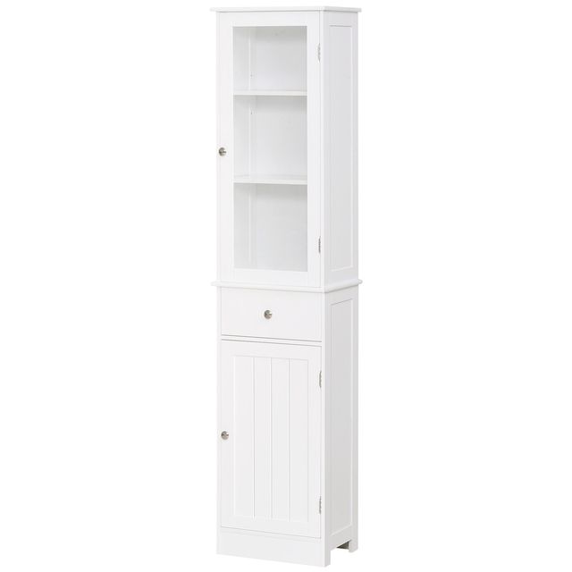 White Slim Tall Bathroom Storage Cabinet with Acrylic Door Drawer and Shelves for Small Spaces