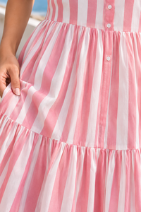 Pink White Striped Eco-Friendly Breathable Maxi Sundress V-Neck <b>Spaghetti</b> <b>Strap</b> Fit and Flare Regular Summer Casual <b>Dress</b> - Product Image 5