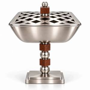 Quemador de incienso cuadrado de metal con tapa de rejilla recortada y base de esfera de madera, difusor de aroma de sobremesa, frasco de fragancia para el hogar - Product Image 1