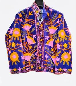 Premium <b>Velvet</b> <b>Jacket</b> Handmade Floral Embroidery High Stand Collar Boho Artisan Multicolor Luxury <b>Womens</b> Fashion Style - Product Image 2