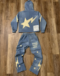 Zip up Hoodie Raw Edge Cropped Applique Embroidery Hoodies and Sweatpants Set Acid Washed Tracksuit <b>for</b> Men - Product Image 4