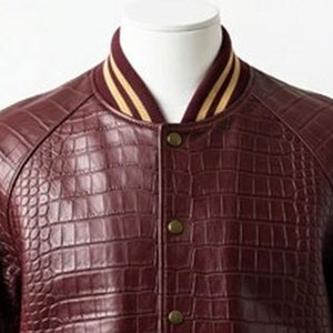 Women's <b>Burgundy</b> Croco Embossed Silk/Cotton Varsity <b>Jacket</b> Full Sleeve Stand Collar Autumn Winter Style Finished - Product Image 3