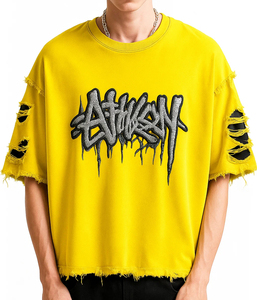   Camiseta Oversize Bordada para Hombre, Azul Marino, Manga Corta, Estilo Urbano, Cuello Redondo, Diseño con Logotipo Tejido en la Parte Delantera - Product Image 4