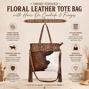 Premium Handmade Hair-On Cowhide Leather Tote <b>Bag</b> with <b>Hand</b> Tooled Floral Design Fringe and Detachable Shoulder Strap for Women - Product Image 5