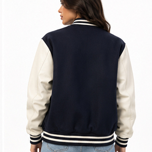 Veste universitaire unisexe bleu marine avec manches en PU, style preppy, fermeture éclair, coupe classique, épaules tombantes, veste de mode universitaire - Product Image 5
