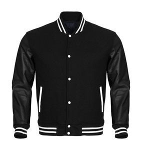 Custom Made <b>Winter</b> Varsity <b>Jacket</b> with White Leather Sleeves & Black Wool Body <b>Waterproof</b> Knitted Processing for Letterman - Product Image 1