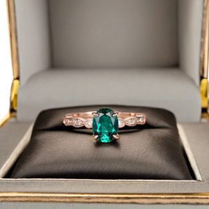 6*8mm corte ovalado Esmeralda cultivada en laboratorio 10K anillo de oro sólido forma ovalada anillo de compromiso de oro hecho a mano puede nacimiento-Anillo de piedra - Product Image 1