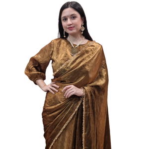 Sari de seda dorada pre-cosido, listo para usar en un minuto, con blusa cosida. |   Ropa para Fiestas, Eventos Festivos y Bodas - Product Image 2