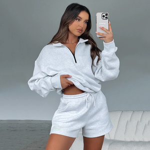 Oversized Drop Shoulder Womens 2 Piece <b>Set</b> Custom 3d Puff Printed Logo Cropped Zipper Hoodie Short Ladies <b>Twin</b> <b>Set</b> - Product Image 3