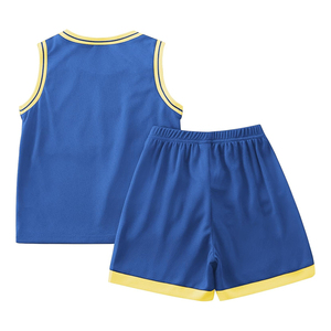 Ensemble de maillot de basket ODM bleu et jaune en mesh sans manches avec short pour garçons et enfants, respirant et confortable - Product Image 2