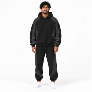 Heavyweight French Terry Cotton Sweatsuit Set Men <b>Oversized</b> Pullover Hoodie <b>Jogger</b> Pants Relaxed Streetwear Fit Color Blocking - Product Image 4