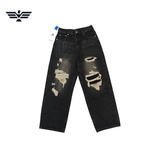 Jean cargo en denim déchiré coupe droite ample pour homme, délavage foncé, taille mi-haute, style streetwear, coton mi-lourd, idéal été-automne - Product Image 1
