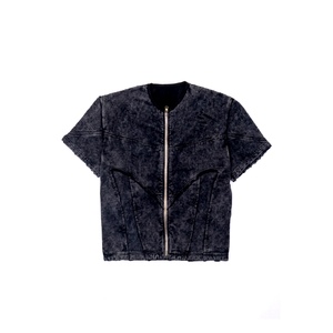 Mens Acid Wash Full Zip Short Sleeve Shirt Vintage <b>Distressed</b> Denim Look Crew Neck Slim Fit Casual Streetwear Summer <b>Top</b> - Product Image 4