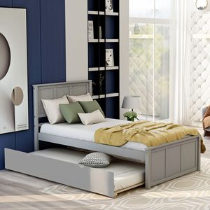 Twin Size Gray <b>Platform</b> <b>Bed</b> with Trundle Up-Holstered <b>Bed</b> <b>Frame</b> - Product Image 1