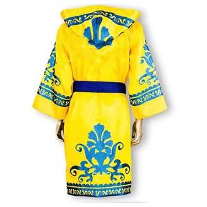 Robe à capuche respirante de haute qualité en polyester, motif floral noir et or, bordure violette, ceinture jaune, pour entraînement MMA/Kickboxing - Product Image 5