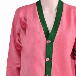 Cárdigans rosas con cuello en V y ribete verde, suéteres casuales unisex de punto de manga larga con bolsillos y botones - Product Image 2