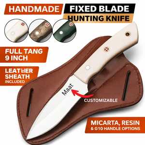 มีดล่าสัตว์ทำมือ ใบมีดแบบ Fixed Blade ขนาด 9 นิ้ว ด้ามจับ Micarta แบบ Full Tang พร้อมปลอกหนัง  ใบมีดแบบ Drop Point ปรับแต่งได้ - Product Image 3
