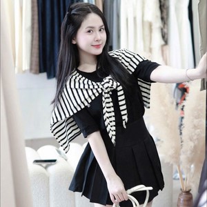 Ensemble robe midi décontractée pour femme de style coréen avec écharpe à nœud uni sur l'épaule, tenue chic - Product Image 1