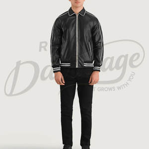 Veste bomber varsity en cuir véritable noir pour homme, poignets côtelés rayés, cuir pleine fleur de qualité supérieure, classique - Product Image 4