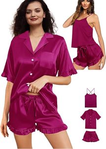 Women Satin Pajamas <b>Set</b> Short Sleeve Elastic Waist Solid <b>White</b> Classic Style <b>2</b> <b>Pieces</b> Summer Winter Wear Stretch - Product Image 1