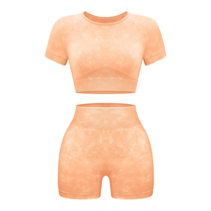 Conjunto Deportivo de 2 Piezas para Mujer, Top Corto de Manga Corta y Pantalones Cortos de Cintura Alta, Tejido Sólido Transpirable, Primavera Verano - Product Image 3