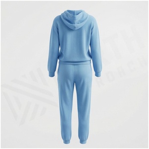 Conjunto Deportivo para Mujer, Sudadera con Capucha Azul Claro y Pantalones Jogger, Color Sólido, Manga Larga, Cordón Ajustable, 100% Algodón, Peso Medio - Product Image 2