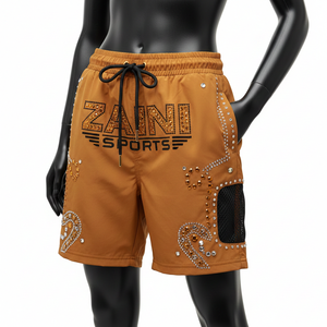 Short de bain femme en polyester et élasthanne 180 GSM de qualité supérieure, couleur moutarde, orange, noir, avec empiècements en mesh et logo thermocollé en strass. - Product Image 6